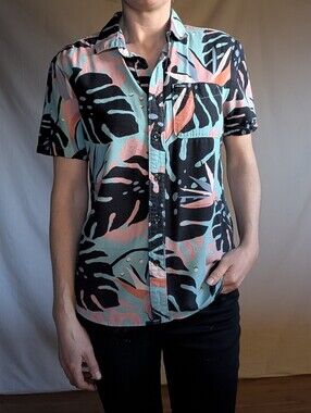 Volcom Short-Sleeve Button-Down Shirt in Teal, Coral & Black
